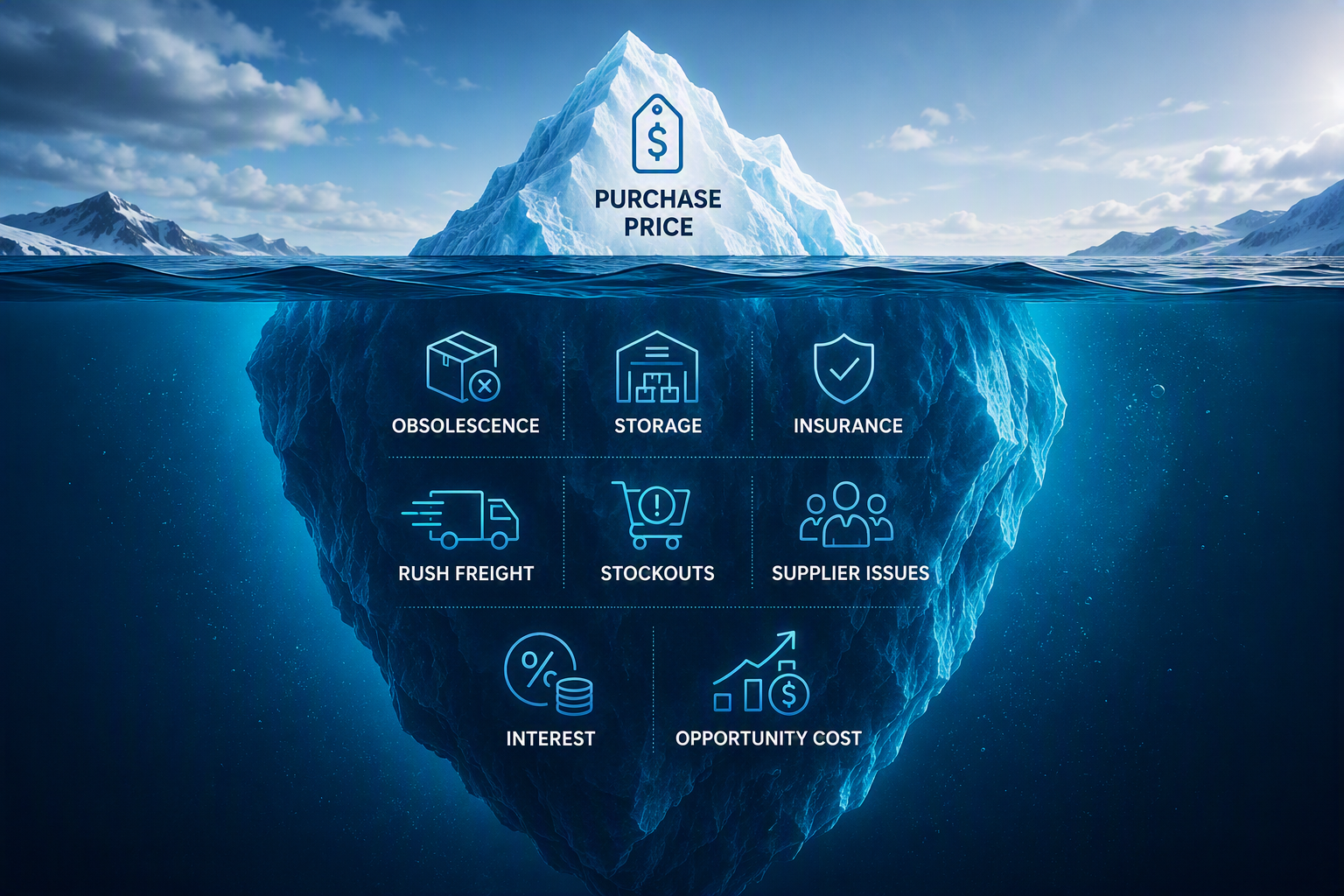 nfographic illustration of a massive iceberg in the ocean, only the tip visible above the waterline. Above water, a small section labeled purchase price. Below the surface, the enormous hidden portion of the iceberg contains elegant business icons representing carrying costs, obsolescence, storage, insurance, rush freight, stockouts, supplier issues, interest, and opportunity cost. Interest shown with a percentage symbol and financial icon.
